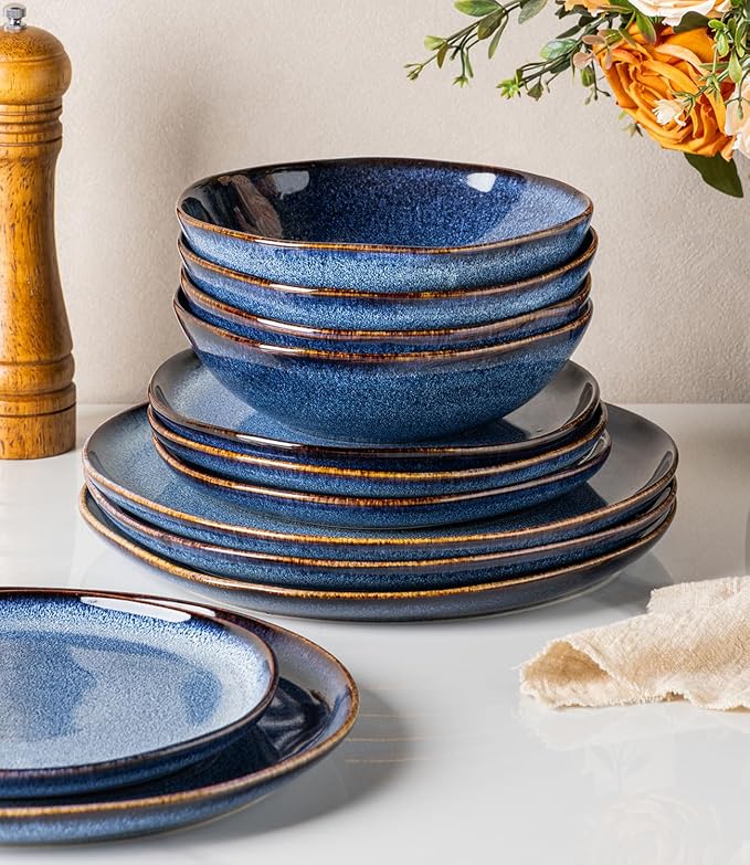 GBHOME Stoneware Dinnerware Sets for 8,24 Piece Rustic Plates and Bowls Set | Earthenware Handmade Reactive Glaze Plate Sets, Chip Resistant Ceramic Dishes, Microwave & Dishwasher Safe, Sea Blue