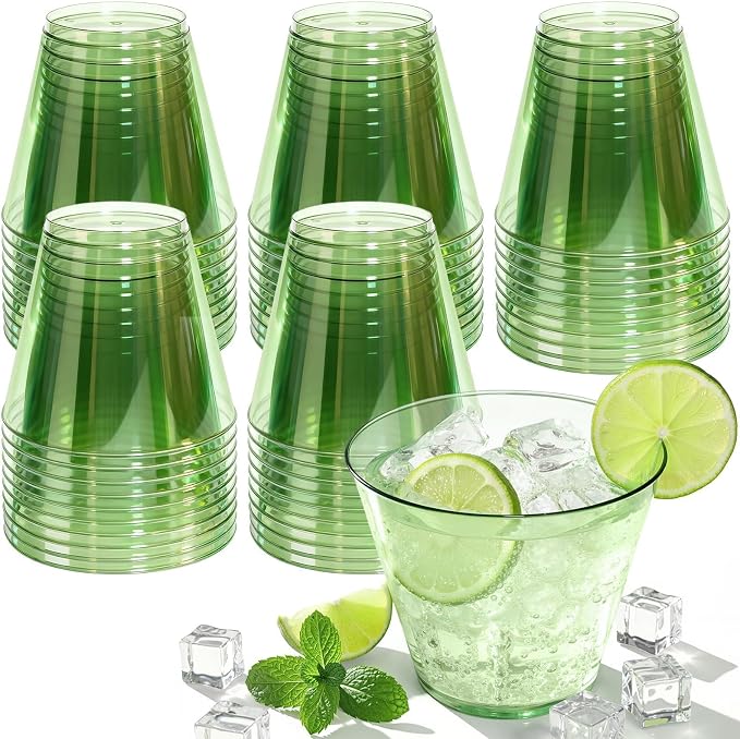 Glowserve 9 OZ Green Disposable Plastic Cups Cocktail Cup 150 Pack | Fancy Cocktail Cup,Stemless Wine Glass,Wedding Wine Glasses,Graduation Birthday,World Cup,Party Essentials
