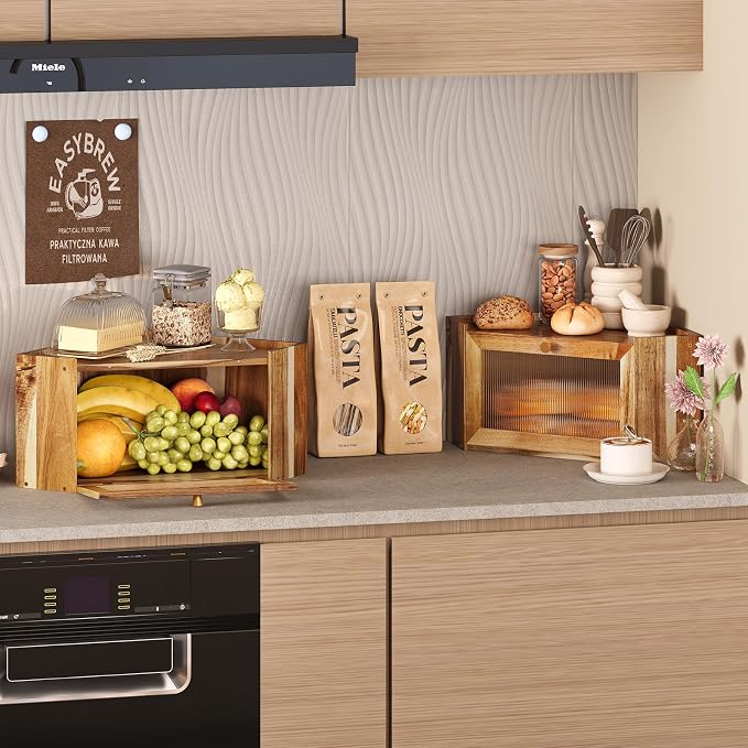 Trironsun Stylish Acacia Corner Bread Box for Kitchen Counter Wood Large Capacity Rustic Bread Storage Container with Wavy Arcylic Transparent Door for Homemade Bread (Acacia Wood)