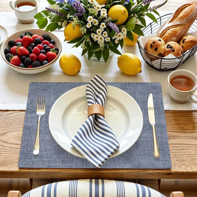 Faux Leather Heat Resistant Placemats 12 Packs, Waterproof Wipeable Dining PU Place Mats for Indoor & Outdoor, Easy to Clean, Denim Blue