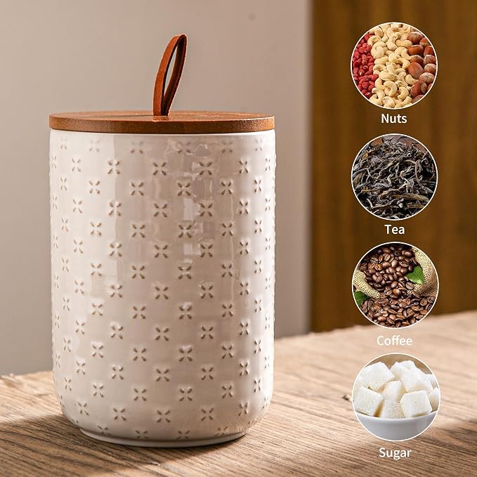 Mowtanco Embossed Ceramic Canister Set with Airtight Bamboo Lid | 12/30/48 oz White Ceramic Kitchen Jar Set, Countertop & Pantry Organization for Coffee, Sugar, Flour, Tea & Snacks