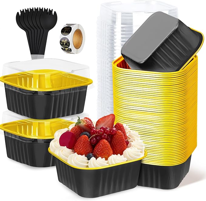 60Pack 5oz Black&Gold Mini Cake Pans with Lids, Spoons and Stickers Baking Cups Aluminum Foil Pans Tins, Individual Dessert Cups Containers for Sales,Party,Picnics
