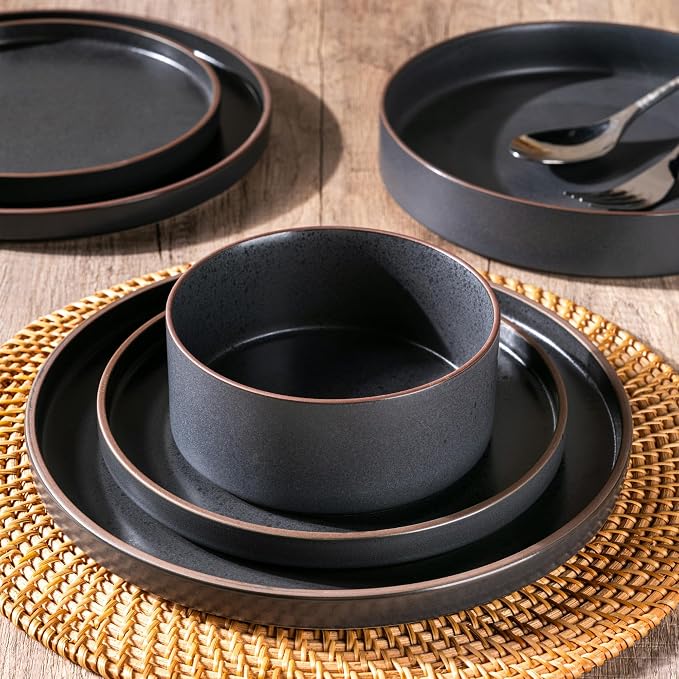 LERATIO Stoneware Dinnerware Sets for 6,18-Piece Matte Plates and Bowls Set | Handmade High Edge Rim Dish Set,Oven & Microwave,Dishwasher Safe,Scratch Resistant-Ashen