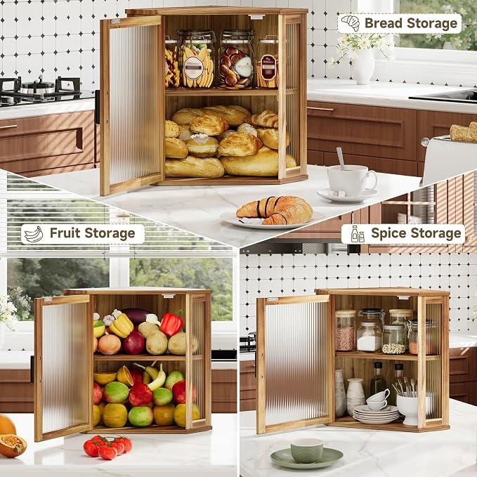 Corner Bread Box,Vintage Acacia Wood Bread box for Kitchen Countertop | Double Layer Large Capacity Wooden Bread Storage Bin, Adjustable Height