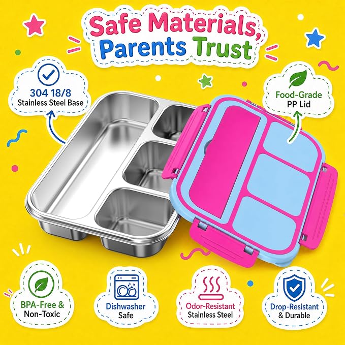 Stainless Steel Bento Lunch Box for Kids Adult, Metal Lunch Box Containers for Boys Girls School, 4 Compartment Leak Proof Lunch Containers with Sauce Cup, Fork and Spoon & Fruit Picks, Pink blue