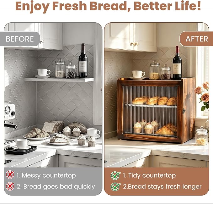 Vintage Bread Box for Kitchen Countertop, 2-Layer Large Wooden Breadbox | Farmhouse Wood Bread Boxes with Removable Stainless Steel Tray, Homemade Bread Storage Container with Clear Acrylic Window