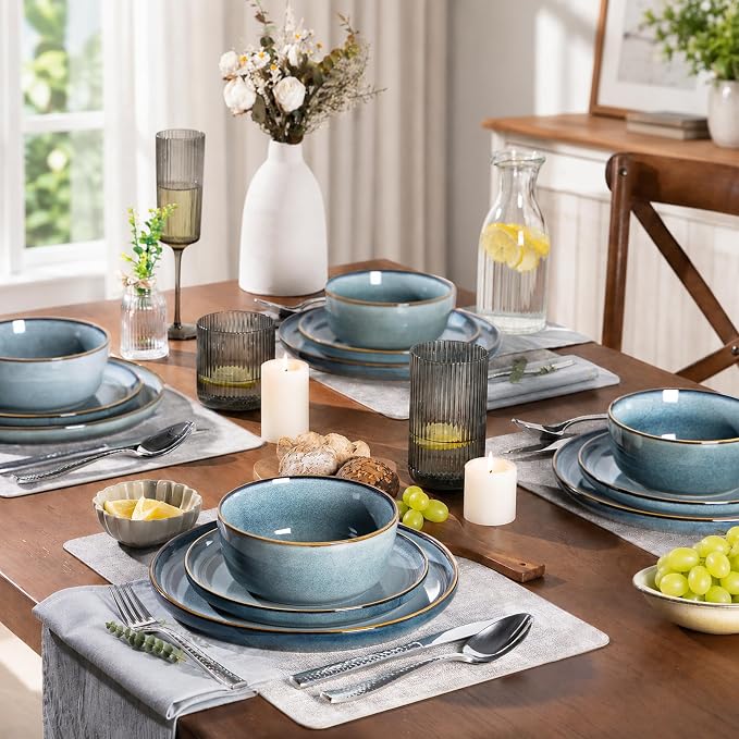 GBHOME Dinnerware Sets for 6, 18 Pieces Ceramic Plates and Bowls Set | Scratch Resistant Stoneware Dishes Set, Dishwasher & Microwave Safe, Reactive Glaze-Space Blue