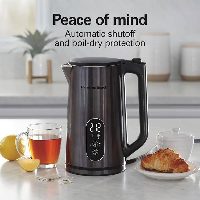 Hamilton Beach Digital 1.7L Electric Tea Kettle, Water Boiler & Heater | Fast Boiling 1500 Watts |Temp Control + 5 Presets | BPA Free | Cordless Serving | Auto-Shutoff & Boil-Dry Protection | Black