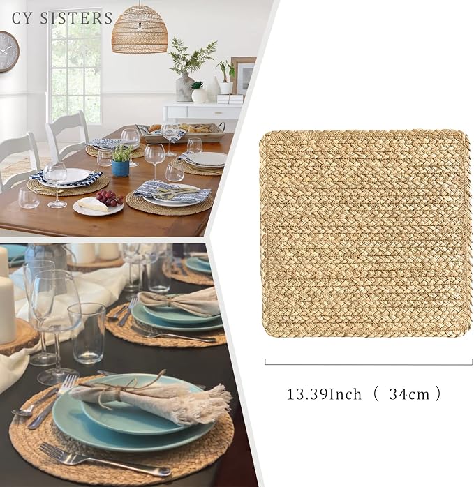 Square Woven Placemats Set of 4 Straw Table Placemat Extra Wide Braided Rattan Place Mats for Square Plates Farmhouse Placemat Wipeable Wicker Outdoor Placemats for Patio Table 13.4''