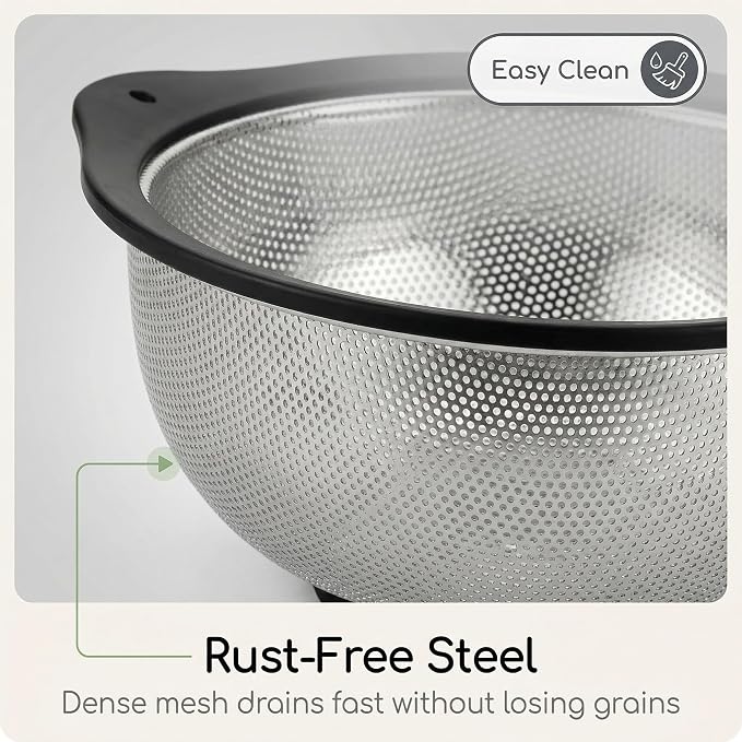 304 Stainless Steel Colander 3-Quart, Heavy Duty Metal Strainer with Riveted Handles, Micro-Perforated Food Strainer for Draining Pasta, Orzo, Rice, Berry, Stable Ring Base, Rust Free