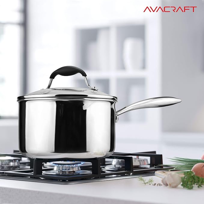 AVACRAFT 3.5 Quart Tri-Ply Stainless Steel Saucepan with Glass Strainer Lid | 18/10 Stainless Steel, Full Tri-Ply Body, Glass Strainer Lid, Pour Spouts, Induction Compatible, Oven Safe, Dishwasher Safe