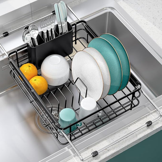TOOLF in Sink Dish Drying Racks, Large Dish Drainer with Utensil Holder | Over the Sink or Counter, Stainless Steel Expandable Dish Drainer for Small Kitchen, Space Saving, Fast Drain, Rustproof