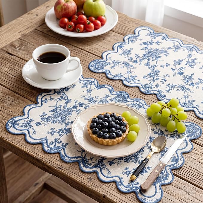 HunnmingRe Blue Floral Set of 6 Cotton Linen Wedding Placemats, 13x19 Inch Scalloped Wavy Embroidery Placemat Double Layered Washable Rustic Rectangle Dinner Table Mat for Home Decor