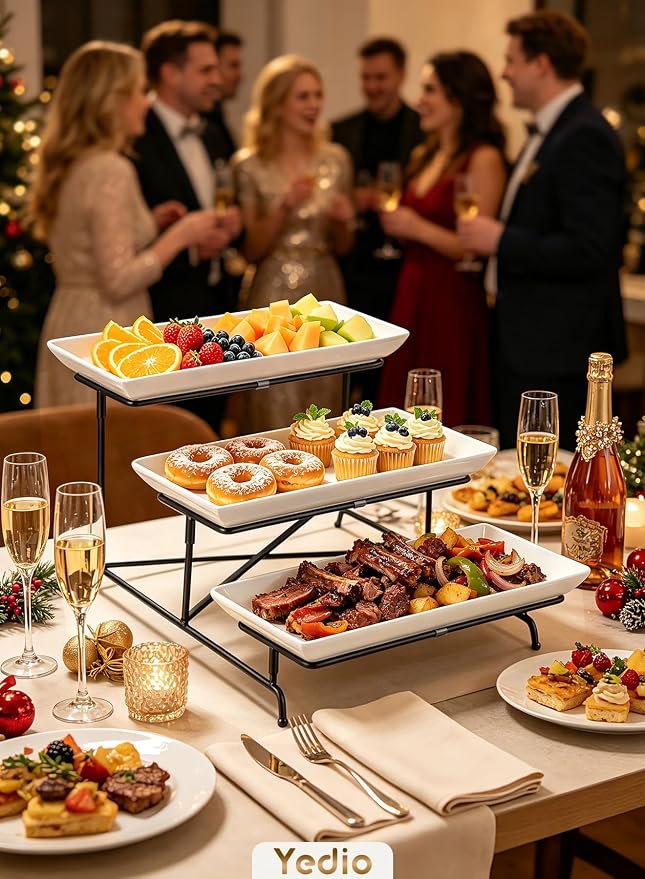 3 Tier Serving Tray Set 14 Inch Porcelain Tiered Serving Platters, Collapsible Sturdier Stand with Stable Cross Bars, Three Layer Serving for Party Entertaining Food Display Fruit Dessert