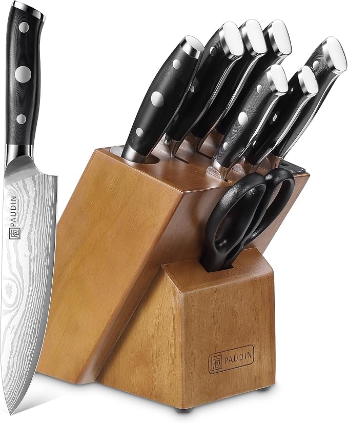 PAUDIN Knife Block Set with Built-in Sharpener, 10 PCS Dishwasher Safe German 1.4116 Steel Kitchen Knives Set, Razor Sharp Full Tang Chef Knife Set,Ergonomic G10 Handle,Gift for Women,Men,Housewarming