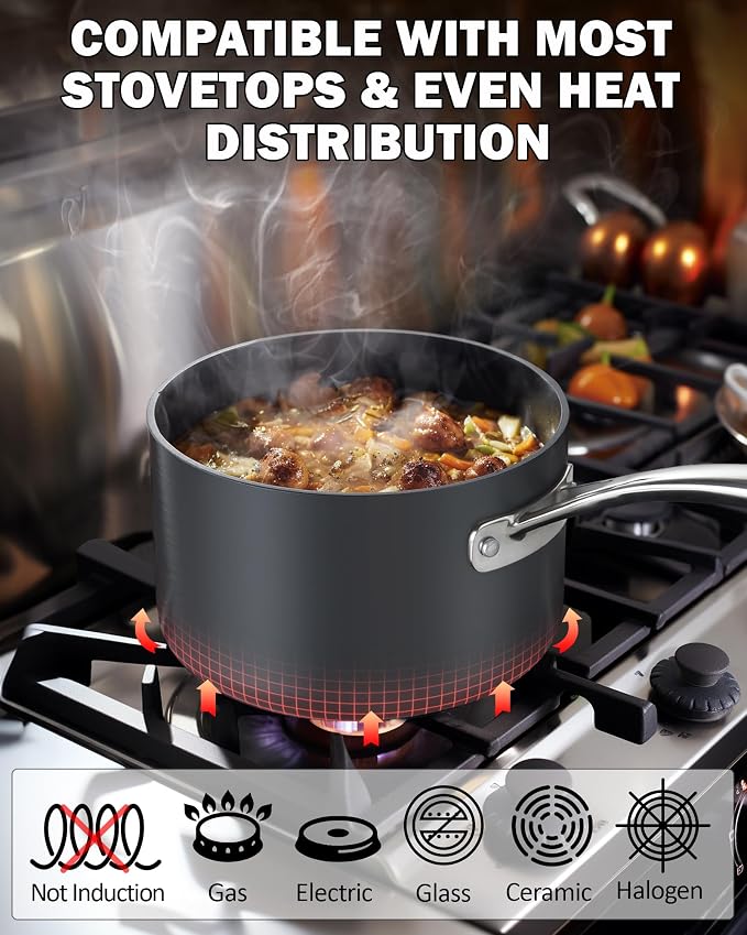 Cooks Standard Classic 2 Quart and 3 Quart Nonstick Saucepan Set with Glass Lids, Hard Anodized Non Stick Sauce Pans, Small Kitchen Cooking Sauce Pots Milk Pans, Dishwasher Safe Cookware, Black