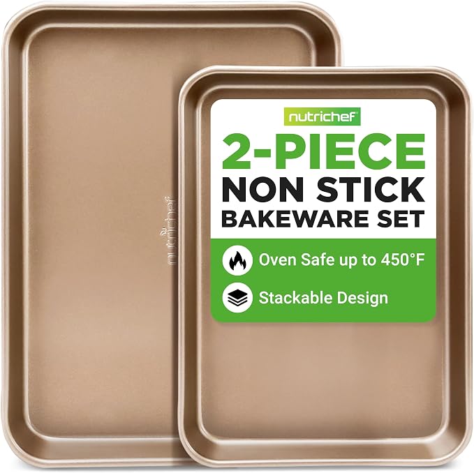 NutriChef 2-Piece Nonstick Stackable Cookie Sheet Set – Non-Toxic Carbon Steel Baking Pans – Heavy Duty, Warp-Resistant, Easy to Clean, Oven & Dishwasher Safe Bakeware