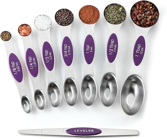 Spring Chef Stainless Steel Magnetic Measuring Spoons Set of 8, Purple | Metal Teaspoon & Tablespoon Measuring Spoons w/ Leveler for Dry & Liquid Ingredients, Measure Spoons for Baking & Cooking