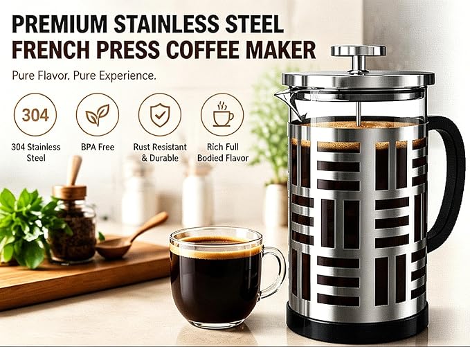 French Press Coffee Maker 34 oz, Glass Coffee Press Plastic-Free Brewer | Thickened Glass Stainless Steel, for Coffee, Cold Brew,Tea & Cocoa, With Extra Filter