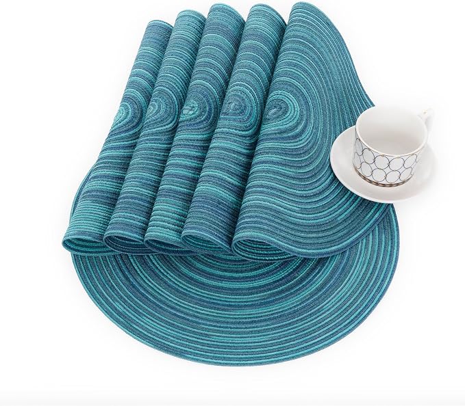 SHACOS 15 inch Round Placemats Set of 6 Variegated Multicolor Place Mats Cotton Polyester Braided Non Slip Washable Heat Resistant Table Mats for Home Wedding Dinner Party Table Decor, Rainbow Teal