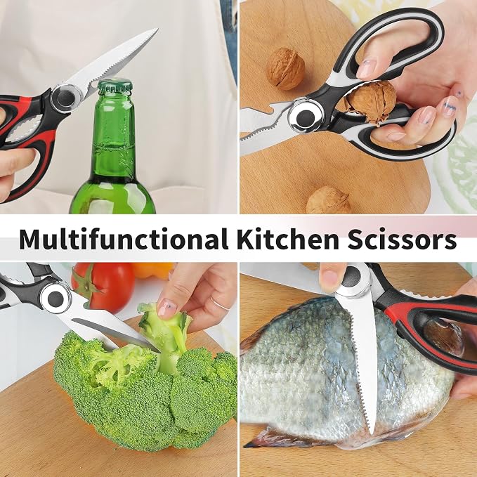 Kitchen Scissors, Multi-Purpose Heavy Duty Meat & Poultry Shears, Multi-Edge Scissors, Stainless Steel Blades, Dishwasher Safe, Black/Red/Green, Set of 3