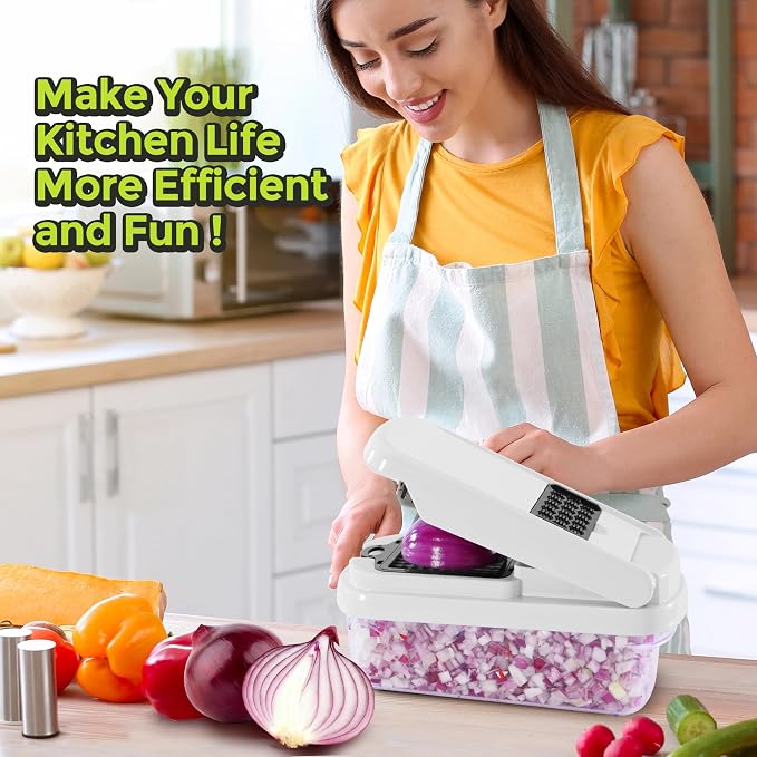 Yusshn Vegetable Chopper, 12-in-1 Food Veggie Chopper Cutter with Container | 7 Sharp Blades Dice, Slice, Shred and Grate for Salads, Onions and Meal Prep, with a Non-Slip Base and Drain Basket