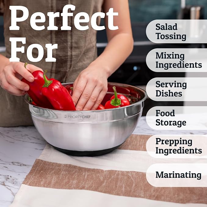 6Pc Stainless Steel Mixing Bowls with Lids Set, Huge 7 Qrt Size Metal Bowl Set for Kitchen, 3 Graters, Non-Slip Bases & Silicone Utensils Set, Black