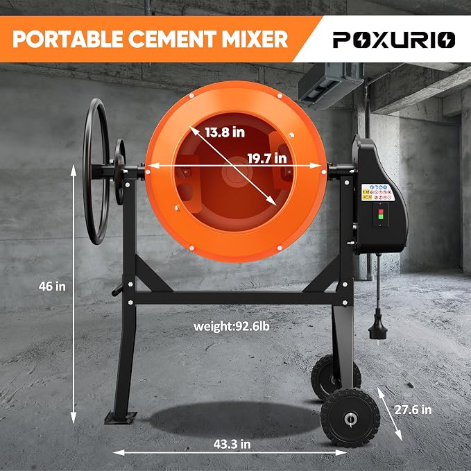 120L Electric Cement Mixer, 4.3 Cubic Ft. 450W 3/5HP Portable Concrete Mixer Machine with Stand And Wheels for Stucco, Mortar, Seeds, Orange