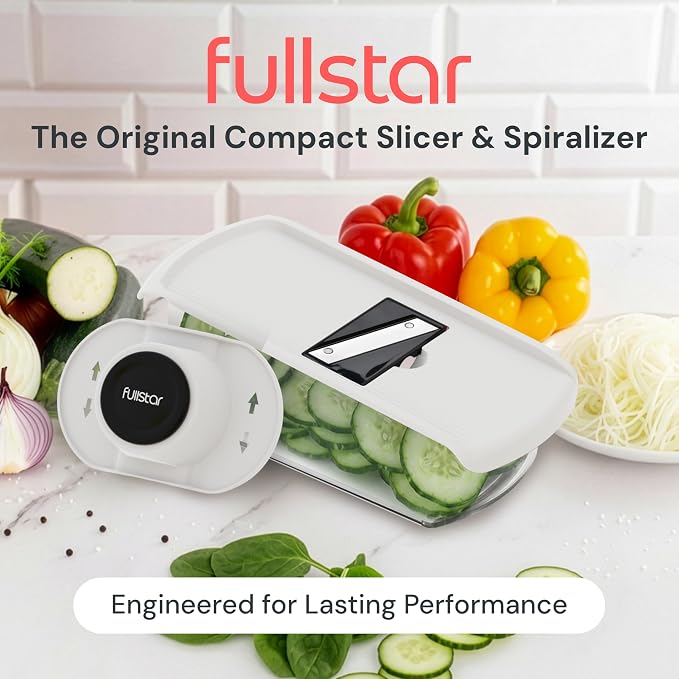 Fullstar Pro Mandoline Vegetable Slicer, Grater & Spiralizer with Container | 11 in 1 Fruit Cutter, Cheese Grater & Spiralizer with Safety Gloves, Stainless Steel Blades & Container (White)