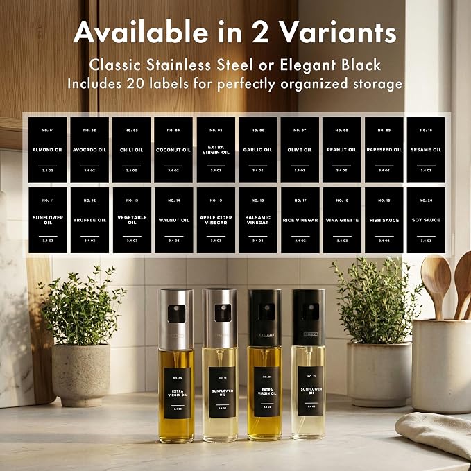 Oil Sprayer Set of 2 – Oil Spray Bottle Made of Stainless Steel & Glass, for Healthy Cooking, Sprayer for Precise Dosage, for Cooking Oil & Vinegar Including 20 Labels, Funnel