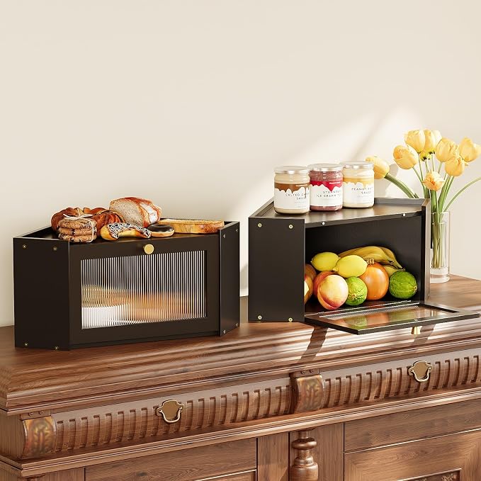 Trironsun Corner Bamboo Bread Box for Kitchen Counter Large Capacity Rustic Bread Storage Container with Wavy Arcylic Transparent Door Vintage Storage for Homemade Bread (Black)