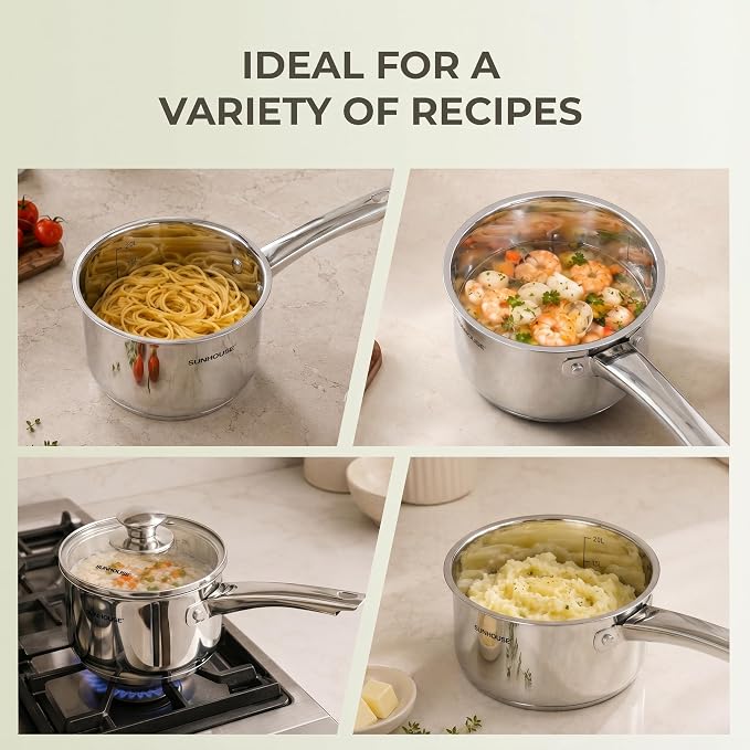 SUNHOUSE 3 QT Stainless Steel Sauce Pan with Lid, Small Pot for Cooking | PFOA-Free Uncoated Milk Pan & Butter Warmer, Mini Saucepan with Impact Bonding Base for Induction, Gas, Electric