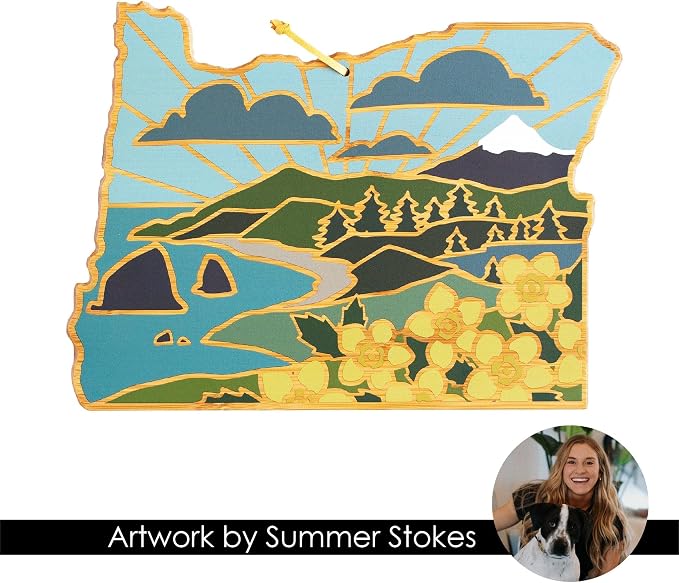Totally Bamboo Oregon State Shaped Cutting Board, Summer Stokes Art | State charcuterie board with colorful hand-drawn landscape art. Smooth reverse side for food prep. Hang tie for wall display.