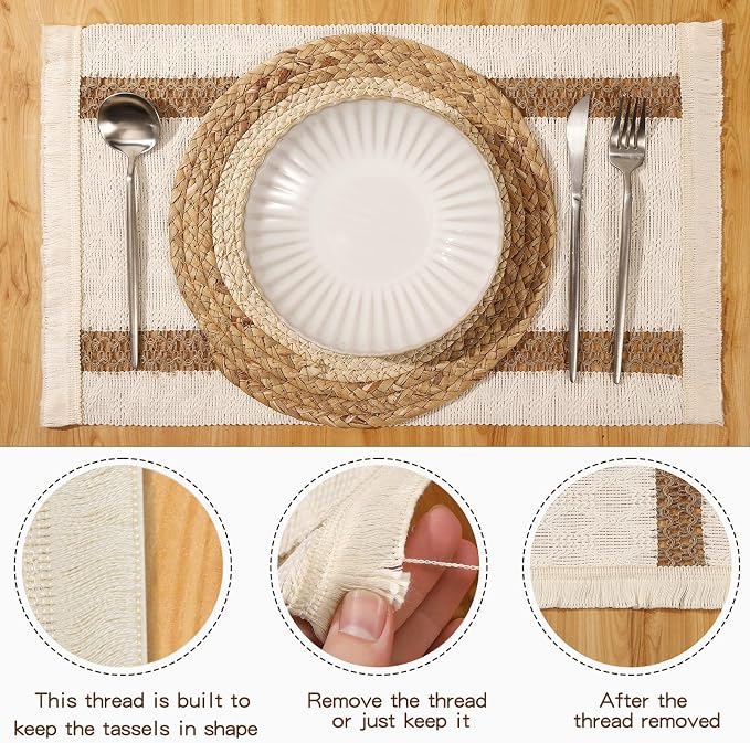 Handmade Boho Placemats Set of 6 | Natural Woven & Fabric Cotton Combo Table Mats | 12-Piece Versatile Place Mats | Rustic Farmhouse Style Dining Table Decor