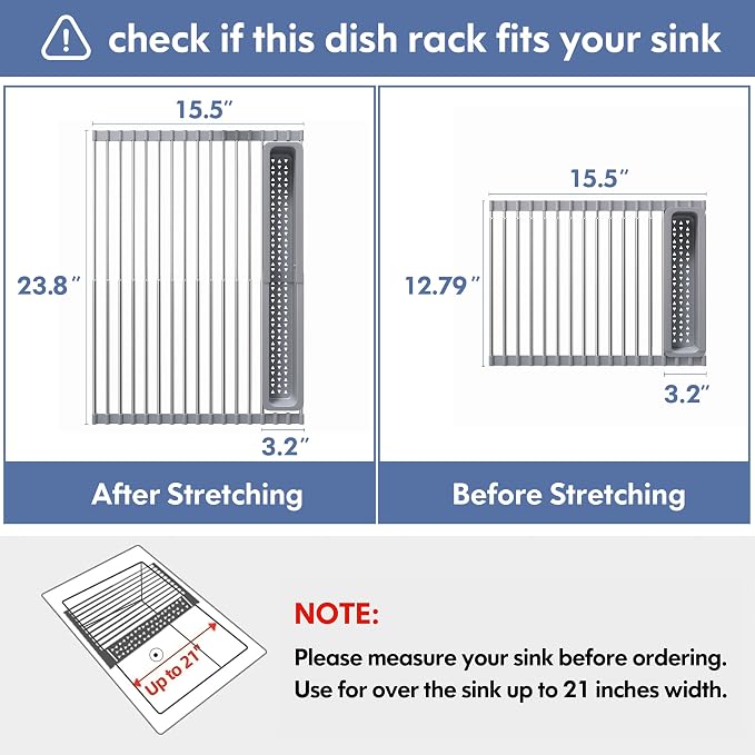 JASIWAY Roll Up Dish Drying Rack for Kitchen Sink with Utensil Holder | Foldable Expandable Stainless Steel Over Sink Dish Drainer, Silicone Wrapped, Multipurpose Portable Sink Drying Mat, Gray
