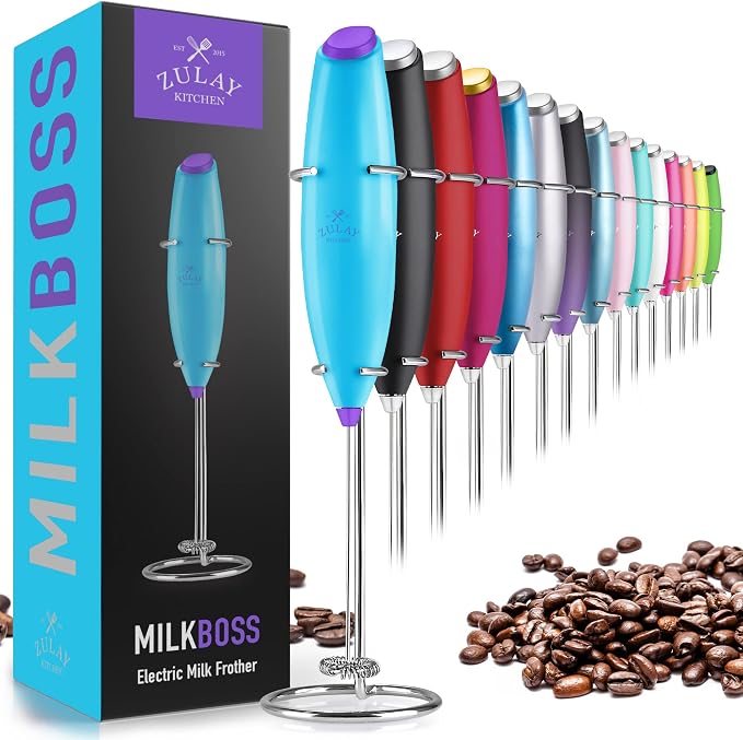 Zulay Powerful Milk Frother for Coffee with Upgraded Titanium Motor - Handheld Electric Whisk, Milk Foamer, Mini Mixer & Coffee Blender for Frappe, Latte, Matcha, No Stand - Iridescent Blue