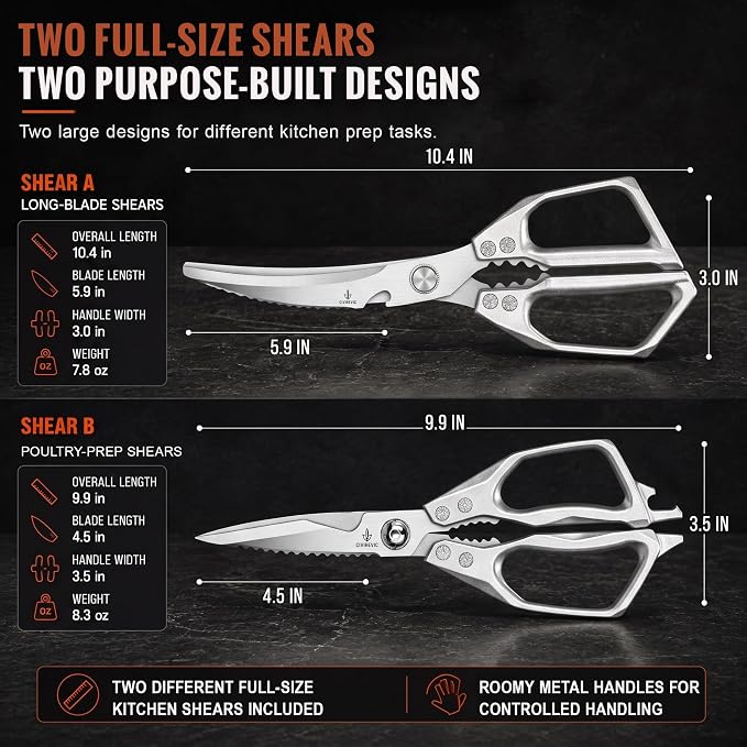 Heavy Duty Kitchen Shears 2 Pack, Full-Size Stainless Kitchen Scissors | Two Purpose-Built Designs for Poultry Joints, Meat, Seafood and Herbs