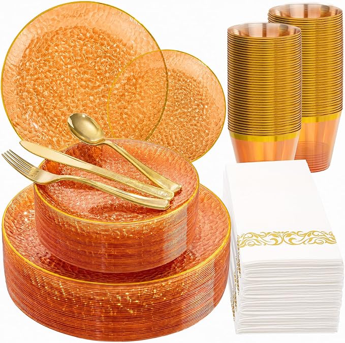 DaYammi 175PCS Clear Orange Plastic Dinnerware Set, Plastic Plates Disposable Hammered Disposable Plates for Party, Include: 25 Dinner Plates 25 Dessert Plates 75 Gold Silverware 25 Napkins 25 Cups