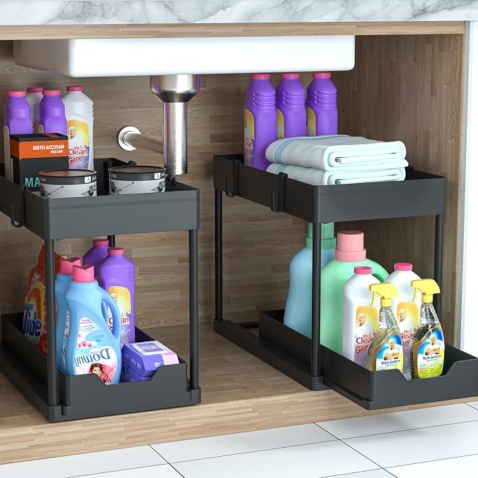 Under Sink Organizer 2 Pack,2 Tier Slide Out Storage for Kitchen Bathroom | Multi-purpose Under Cabinet Storage Rack Fit Kitchen Sink, Bathroom Vanity, Easy Assembly