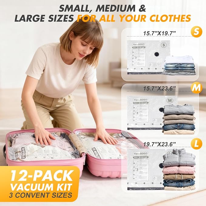 Vacuum Bags for Travel with Rechargeable Pump, 9 Pack Compression Packing Bags with 35KPA Electric Pump, 80% Space Saver for Clothes, Vacuum Seal Bags fo Carry-on Luggage Suitcase