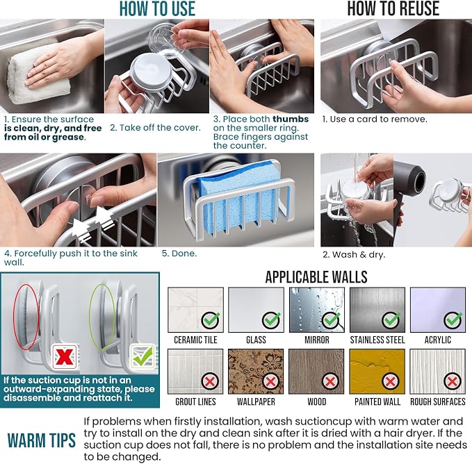 TAILI Sink Caddy with Strong Suction Cup, Sponge Holder for Kitchen-Silver | Sponge Caddy for Kitchen Sink Oganizer, Removable Rustproof Aluminum Sponge Holder for Dish Brush, Scraper, Scrubber