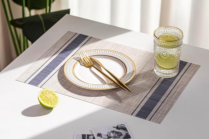 LEXMORE Placemats Set of 6 Vinyl/Plastic Woven Place Mats for Kitchen Table Indoor/Outdoor Washable Placemat Wipeable Dining Table Mats(Blue Skyline)