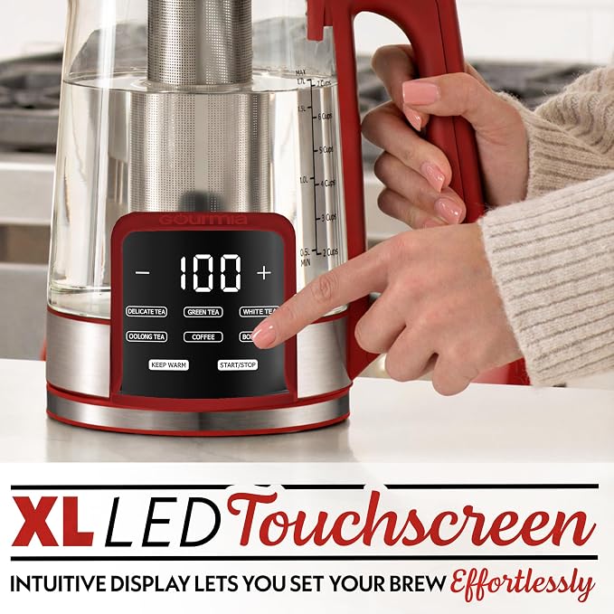Gourmia Electric Glass Kettle – 1.7L Programmable Tea & Coffee Brewer with Digital Touch Display, 6 Presets, Removable Stainless Steel Infuser, Cordless with 360° Swivel Base, Red