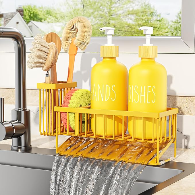 Cisily Kitchen Dish Soap Dispenser Set with 2 Pack 16.9oz Amber Glass Bottle and Sponge Holder, Dish Soap Dispensers with Adjustable Sponge Holder, Vintage Hand and Dish Soap Dispensers Set