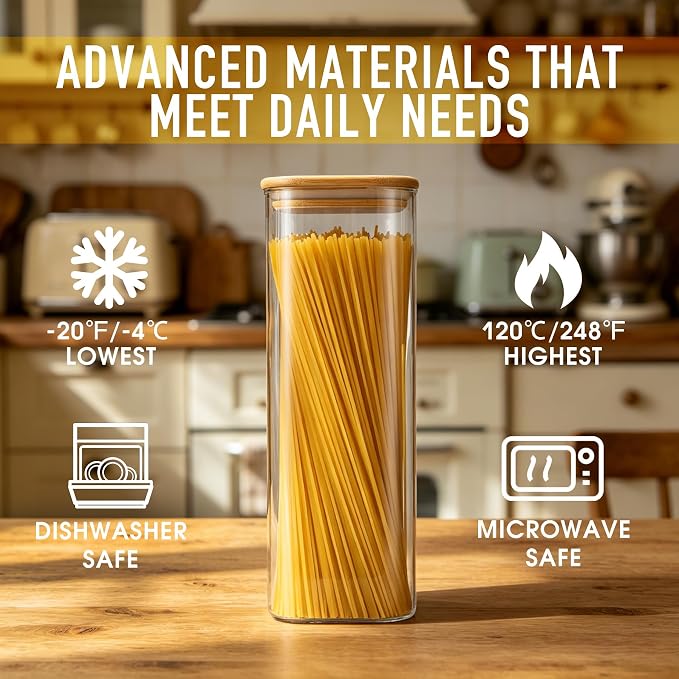 D2scrma 71oz Glass Square Storage Containers with Bamboo Lids Set of 3 (2100ml) Tall Food Storage Canisters Kitchen Jars for Pantry Organization Pasta, Penne, Macaroni, Lasagna, Fusilli