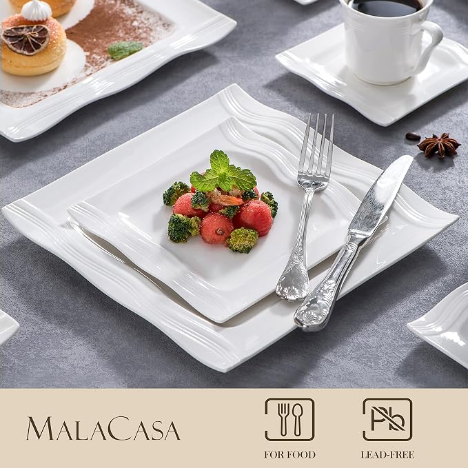 MALACASA 30 Pieces Dinnerware Sets, Modern Ivory White Plates and Bowls Sets for 6, Porcelain Dish Set with Dinner Plate, Dessert Plate, Soup Plate, Cup and Saucer, Square Dishware Set, Series Mario | Complete with Plates, Bowls, Cups, Saucers, Microwa...
