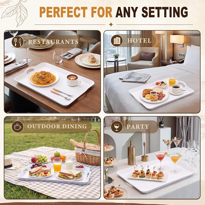 Kathfly 6 Pack 20" x 13" Serving Trays with Handles, Plastic Tray, White | PP Material, Anti-skid Texture, Decorative Food Tray, for Restaurant, Hotel, Kitchen, Party; Not Microwave/dishwasher Safe