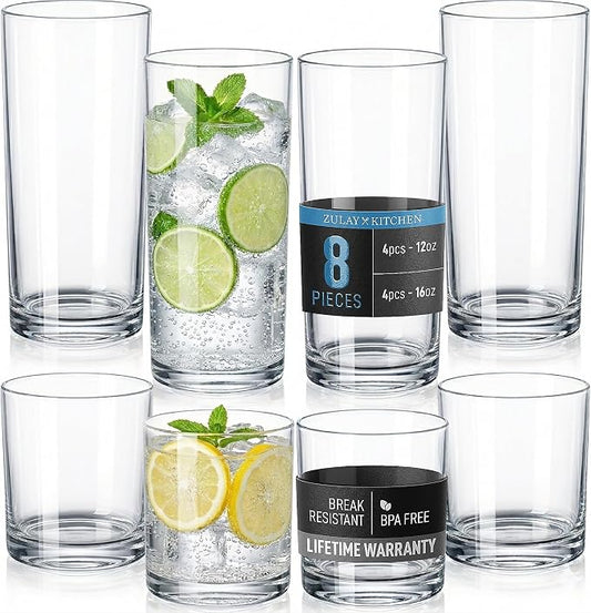 Zulay Kitchen Plastic Drinking Glasses (Set of 8) – Mixed 16oz & 12oz Acrylic Shatterproof Cups for Home, Kitchen & Outdoors – Crystal Clear Glass Look – BPA & Lead-Free – Top-Rack Dishwasher Safe