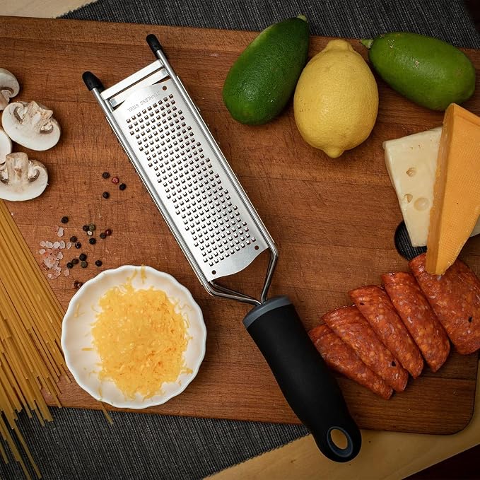 3-in-1 Lemon Zester & Cheese Grater, 304 Stainless Steel, 12-Inch, Black | Three Blade Surfaces for Fine Zesting, Coarse Grating and Slicing, 304 Stainless Steel, Non-slip TPE Handle, Dishwasher Safe