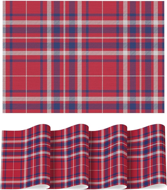 Artoid Mode Red Striped Check Memorial Day Vinyl Placemats Set of 4,Heat Resistant Non-Slip Woven Plastic PVC Place Mats for Party Kitchen Dining Decor